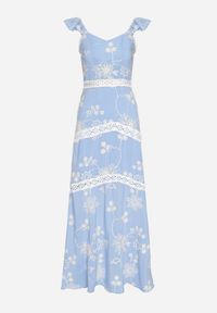 Born2be - Niebieska Wiskozowa Sukienka Ozdobiona Haftami i Falbankami Lumionea. Typ kołnierza: kołnierz z falbankami. Kolor: niebieski. Materiał: wiskoza. Wzór: haft, aplikacja. Styl: elegancki #3