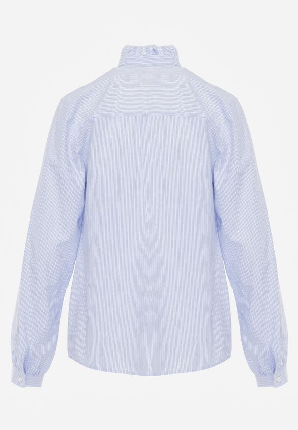 Born2be - Niebieska Bawełniana Koszula ze Stójką z Falbanką i Haftem przy Guzikach Umaria. Okazja: na co dzień, na spotkanie biznesowe, do pracy. Typ kołnierza: kołnierzyk stójkowy. Kolor: niebieski. Materiał: bawełna. Wzór: haft. Styl: casual, biznesowy, elegancki