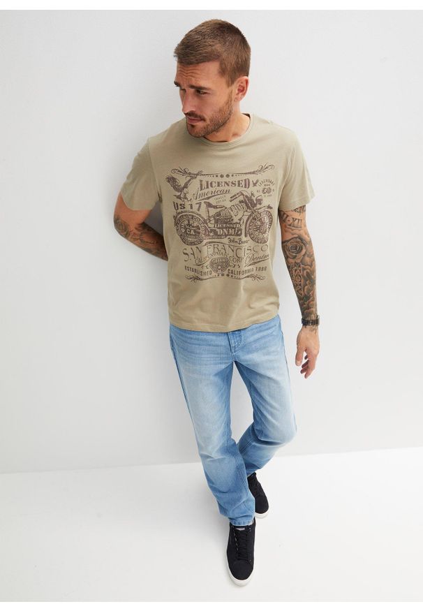 bonprix - T-shirt z czystej bawełny. Okazja: na co dzień. Kolor: szary. Materiał: bawełna. Wzór: nadruk. Styl: casual