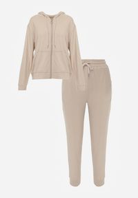 Renee - Beżowy Komplet Dresowy Spodnie Joggery i Bluza z Kapturem na Suwak Bernika. Kolor: beżowy. Materiał: dresówka. Wzór: gładki #7