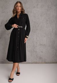 Renee - Czarna Sukienka Rozkloszowana z Wiskozy o Koszulowym Kroju z Paskiem Anteis. Kolor: czarny. Materiał: wiskoza. Wzór: aplikacja. Typ sukienki: koszulowe. Styl: elegancki #2