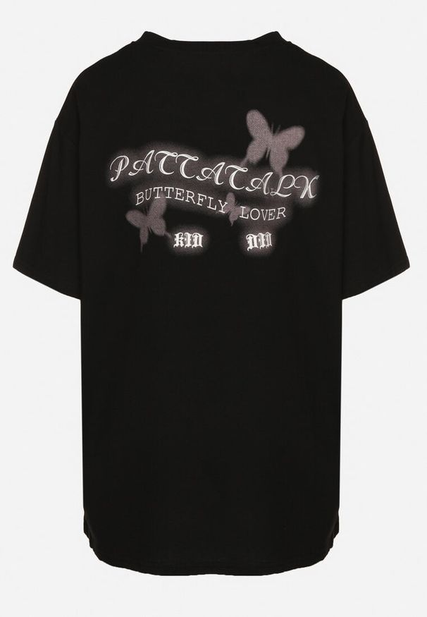 Born2be - Czarny T-shirt Oversize z Bawełny z Nadrukiem z Motylem Nonatira. Okazja: na spacer. Kolor: czarny. Materiał: bawełna. Wzór: nadruk. Styl: klasyczny, elegancki