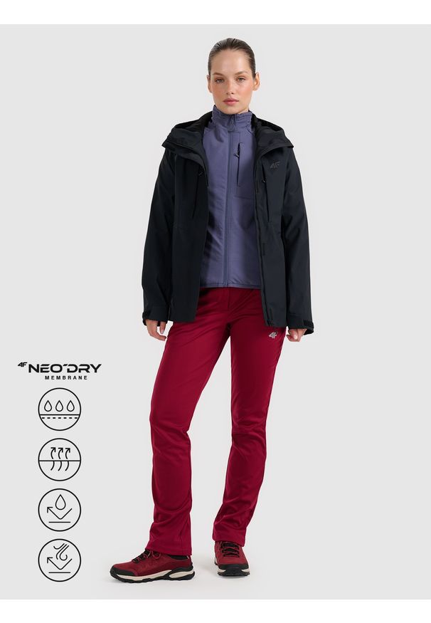 4f - 4F Kurtka trekkingowa membrana 10000 damska - czarna S. Kolor: czarny. Materiał: materiał, tkanina. Długość rękawa: raglanowy rękaw. Technologia: Primaloft. Sezon: zima. Sport: turystyka piesza, wspinaczka