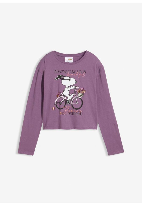 bonprix - Koszulka z długim rękawem „Snoopy” z czystej bawełny. Kolor: fioletowy. Materiał: bawełna. Długość rękawa: długi rękaw. Długość: długie