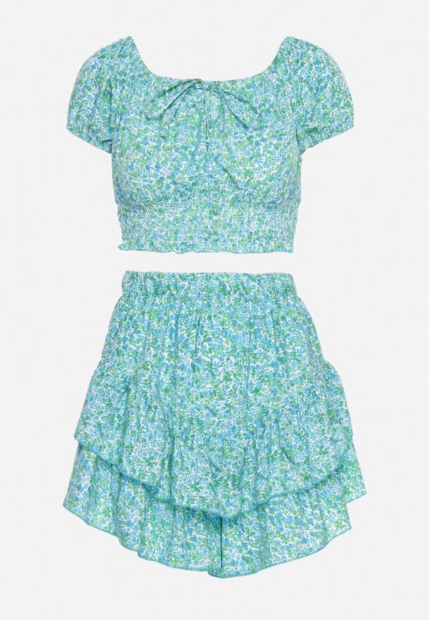 Born2be - Niebieski Komplet na Lato w Kwiatki Bluzka Hiszpanka i Spódnico-Spodenki z Falbankami Naidda. Kolor: niebieski. Materiał: materiał. Wzór: kwiaty