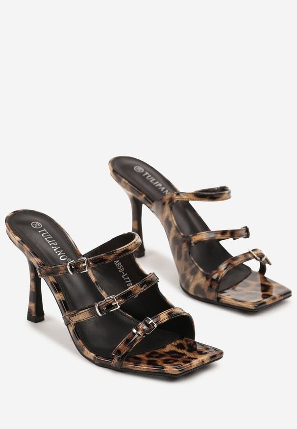 Born2be - Panterkowe Klapki na Szpilce z Kwadratowym Noskiem i Ozdobnymi Paskami Bannolia. Okazja: na co dzień. Materiał: jeans. Wzór: paski. Obcas: na szpilce. Styl: elegancki, casual, wizytowy