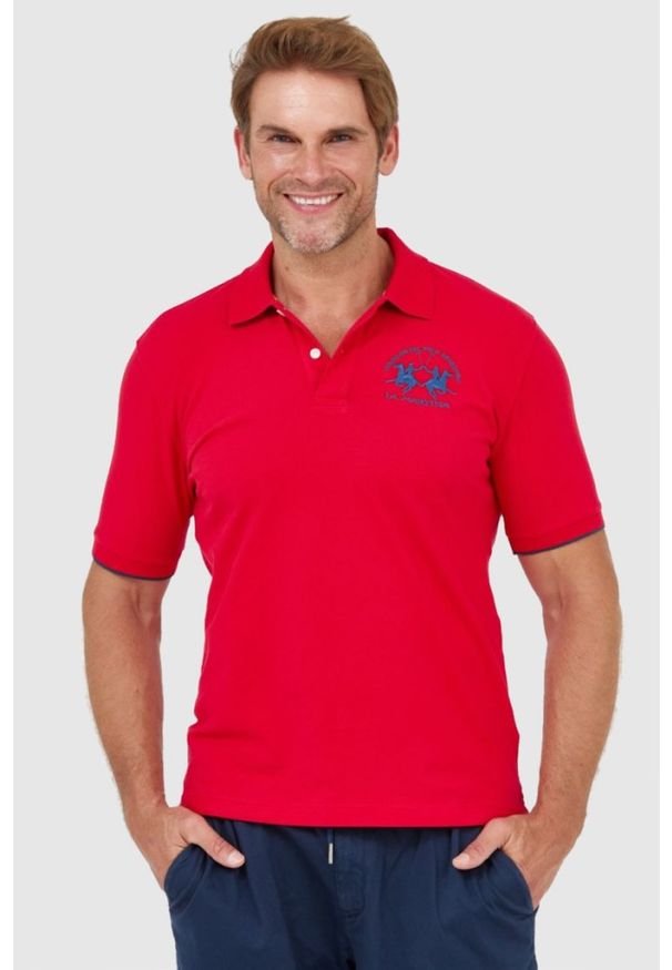 La Martina - LA MARTINA Czerwona męska koszulka polo z wyszywanym logo, Rozmiar M. Typ kołnierza: polo. Kolor: czerwony
