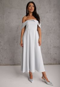 Renee - Niebieska Rozkloszowana Sukienka Koktajlowa VICES z Hiszpańskim Dekoltem Neamerianne. Okazja: na wesele, na ślub cywilny. Typ kołnierza: dekolt hiszpanka. Kolor: niebieski. Materiał: lakier, poliester. Typ sukienki: rozkloszowane. Styl: wizytowy #3