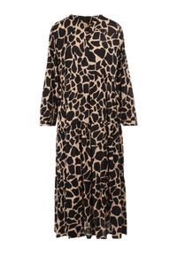 Born2be - Czarno-Beżowa Sukienka Argope. Typ kołnierza: dekolt w serek. Kolor: beżowy. Wzór: nadruk. Styl: klasyczny. Długość: midi #3