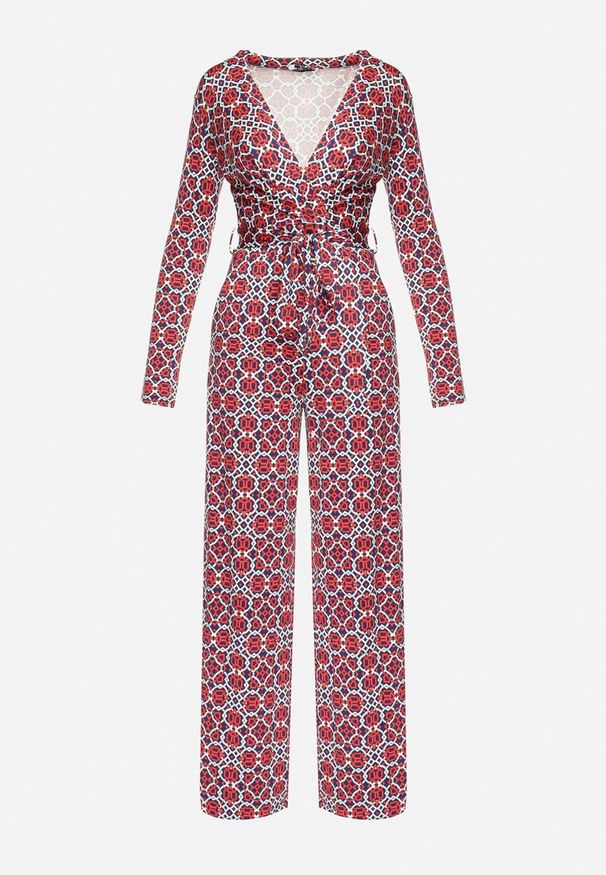 Born2be - Czerwono-Biały Wzorzysty Kombinezon z Długim Rękawem i Szerokimi Spodniami z Wiązaniem w Pasie Vilati. Kolor: niebieski. Długość rękawa: długi rękaw. Długość: długie. Wzór: geometria. Styl: elegancki