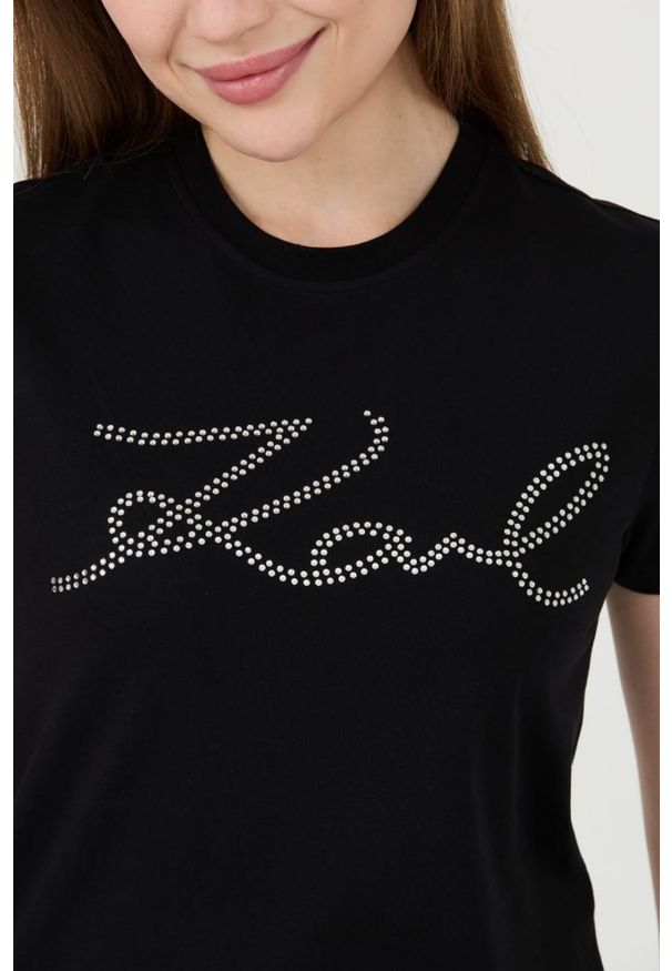 Karl Lagerfeld - KARL LAGERFELD Czarny damski t-shirt Rhinestone Logo, Rozmiar XS. Kolor: czarny