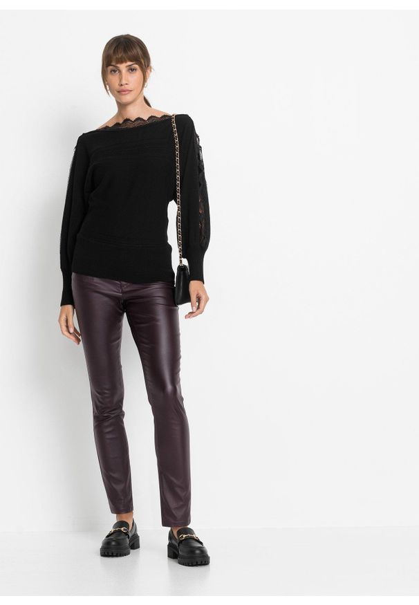 bonprix - Cienki sweter z lejącej wiskozy. Kolor: czarny. Materiał: wiskoza, dzianina. Wzór: koronka, ze splotem, gładki