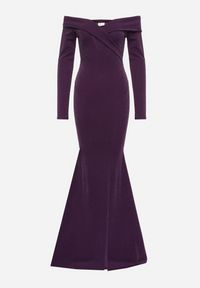 Born2be - Ciemnofioletowa Dopasowana Sukienka Hiszpanka z Rozcięciem i Rozszerzanym Dołem Emilenne. Typ kołnierza: dekolt hiszpanka. Kolor: fioletowy. Długość rękawa: długi rękaw. Typ sukienki: z odkrytymi ramionami. Styl: wizytowy #3