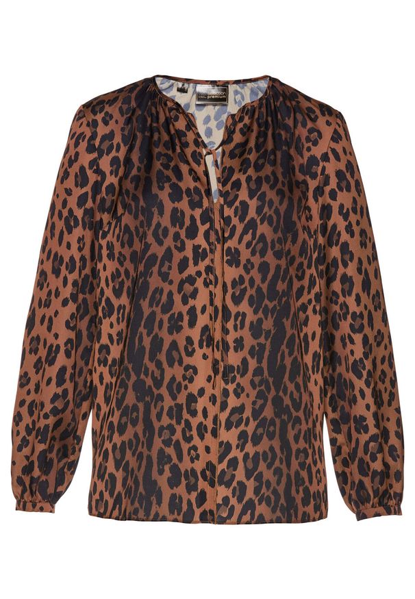 Tunika satynowa bonprix w cętki leoparda. Kolor: brązowy. Materiał: poliester, materiał