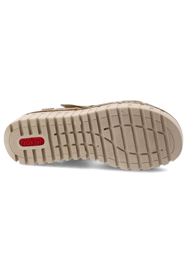 Sandały damskie Rieker, cholewka ze skóry ekologicznej z materiałowym wnętrzem zapinane na rzep, beżowe, V1382-64. Zapięcie: rzepy. Kolor: beżowy. Materiał: materiał, skóra ekologiczna