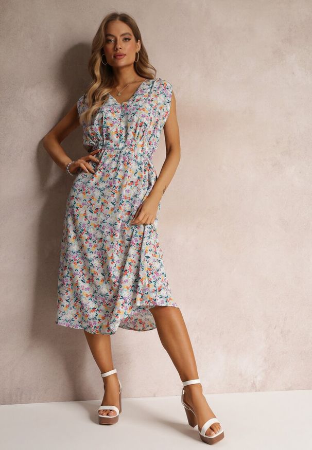 Renee - Niebieska Kwiecista Sukienka Midi bez Rękawów z Gumką w Talii Thallu. Kolor: niebieski. Materiał: tkanina. Długość rękawa: bez rękawów. Wzór: kwiaty. Długość: midi