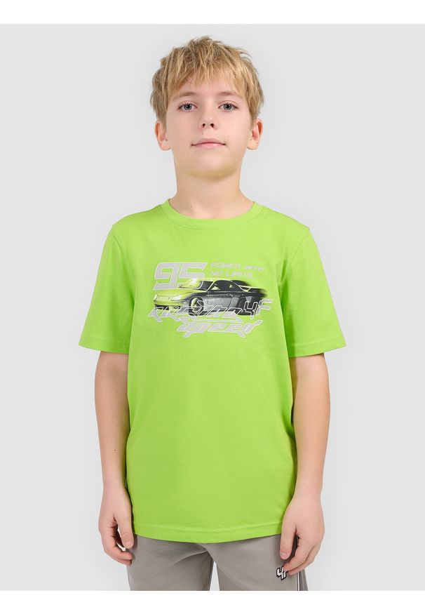 4f - 4F T-shirt regular z nadrukiem chłopięcy - zielony 140 (9-10 lat). Okazja: na co dzień, na uczelnię. Kolor: zielony. Materiał: skóra, bawełna, materiał. Wzór: nadruk. Sezon: lato. Styl: klasyczny, casual