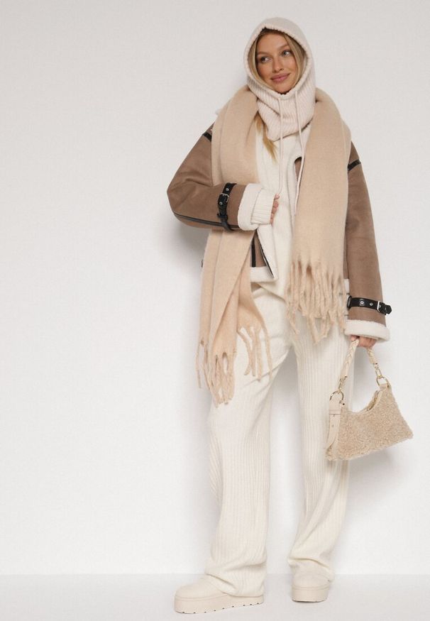 Born2be - Beżowa Czapka Kominiarka z Wełną o Kroju Kaptura z Kominem Linezra. Kolor: beżowy. Materiał: wełna. Styl: casual, elegancki