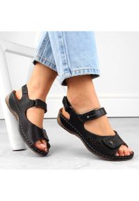 Skórzane komfortowe sandały damskie na rzepy czarne Helios 266-2.011. Zapięcie: rzepy. Kolor: czarny. Materiał: skóra #6