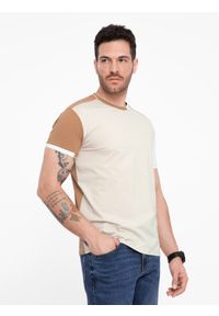 Ombre Clothing - Męski t-shirt z elastanem z kolorowymi rękawami - brązowy V1 OM-TSCT-0176 - XXL. Okazja: na co dzień. Kolor: brązowy. Materiał: elastan. Wzór: kolorowy. Styl: casual, klasyczny #1