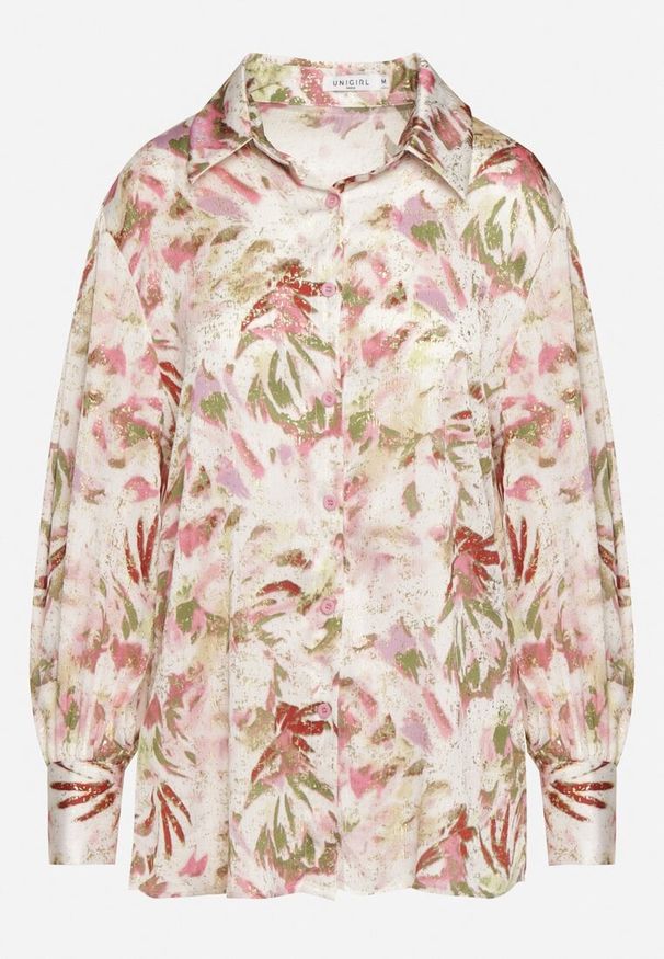 Born2be - Beżowo-Różowa Koszula z Metalicznym Nadrukiem Yalalia. Kolor: beżowy. Materiał: jeans. Wzór: nadruk. Styl: elegancki