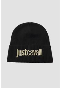 Just Cavalli - JUST CAVALLI Czarna damska czapka beanie z domieszką wełny. Kolor: czarny. Materiał: wełna. Wzór: haft. Styl: elegancki
