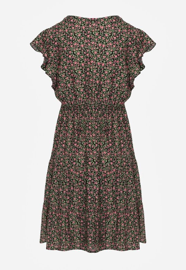 Renee - Czarna Sukienka Phaerica. Typ kołnierza: kołnierz z falbankami. Kolor: czarny. Wzór: nadruk, kolorowy, kwiaty. Styl: klasyczny. Długość: mini