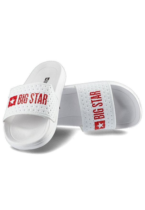 Big-Star - Klapki damskie Big Star, wykonane z materiału syntetycznego z perforowanym paskiem na przodzie z profilowaną wkładką, białe, GG374803. Okazja: na co dzień. Kolor: biały. Materiał: materiał, syntetyk. Wzór: aplikacja, napisy. Styl: wakacyjny, casual