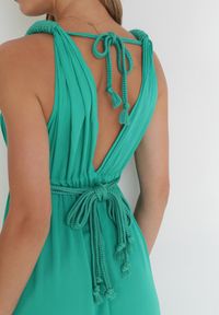 Born2be - Zielony Wiskozowy Kombinezon z Gumką w Pasie i Plecionym Sznurkiem z Lnem Evalin. Kolor: zielony. Materiał: len, wiskoza. Długość rękawa: na ramiączkach. Wzór: aplikacja #5