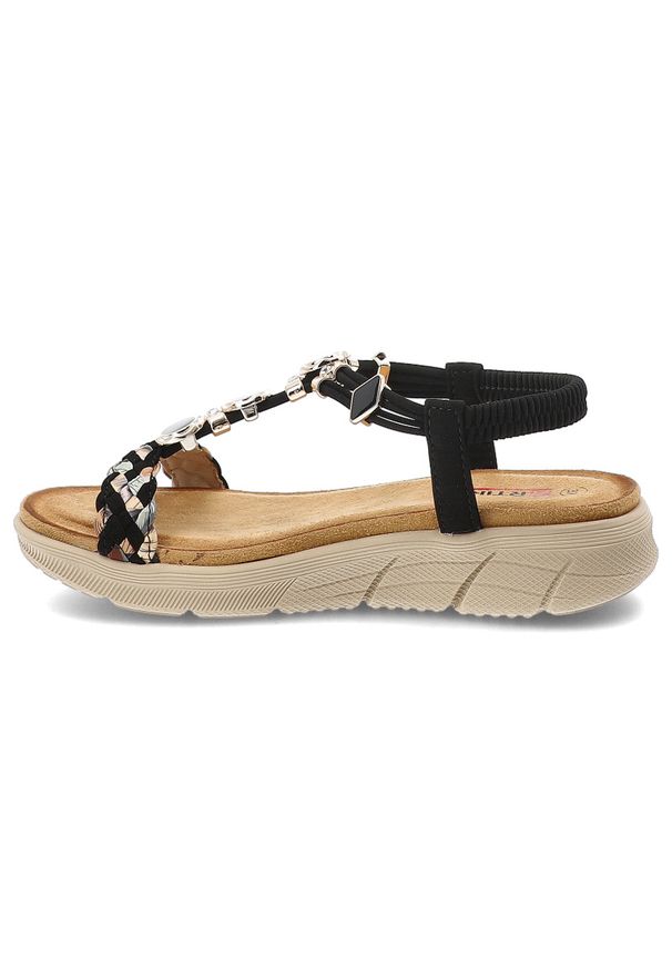 Sandały damskie Artiker, cholewka z materiału odkryty przód miękka wkładka, czarne, 58C0004. Zapięcie: pasek. Kolor: czarny. Materiał: materiał. Wzór: aplikacja. Sezon: lato. Styl: elegancki