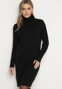 Born2be - Czarna Pudełkowa Sukienka Sweterkowa z Bawełną Wełną i Golfem Ozdobiona Splotem Teraline. Okazja: na co dzień. Typ kołnierza: golf. Kolor: czarny. Materiał: wełna, bawełna. Wzór: ze splotem, aplikacja. Styl: casual, klasyczny #1