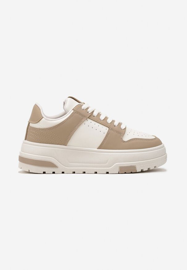 Renee - Ciemnobeżowe Sneakersy z Ekoskóry na Grubej Podeszwie z Ozdobnymi Wstawkami Sarnei. Nosek buta: okrągły. Zapięcie: sznurówki. Kolor: beżowy. Materiał: materiał. Obcas: na obcasie. Wysokość obcasa: niski
