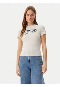 Tommy Jeans T-Shirt Essential DW0DW19447 Beżowy Slim Fit. Kolor: beżowy. Materiał: bawełna