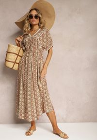 Renee - Beżowa Wiskozowa Sukienka w Stylu Boho z Krótkim Rękawem i Materiałowym Paskiem Giviata. Kolekcja: plus size. Kolor: beżowy. Materiał: wiskoza, materiał. Długość rękawa: krótki rękaw. Sezon: lato. Typ sukienki: dla puszystych, proste. Styl: boho #3