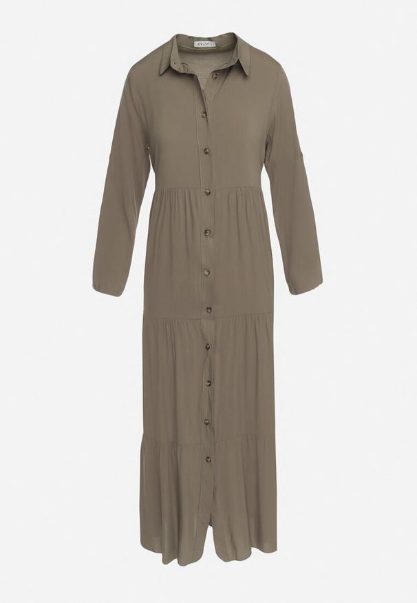 Born2be - Ciemnozielona Rozkloszowana Sukienka Maxi z Bawełny w Koszulowym Stylu Onecca. Okazja: na co dzień. Kolor: zielony. Materiał: bawełna. Wzór: aplikacja. Typ sukienki: koszulowe. Styl: casual. Długość: maxi