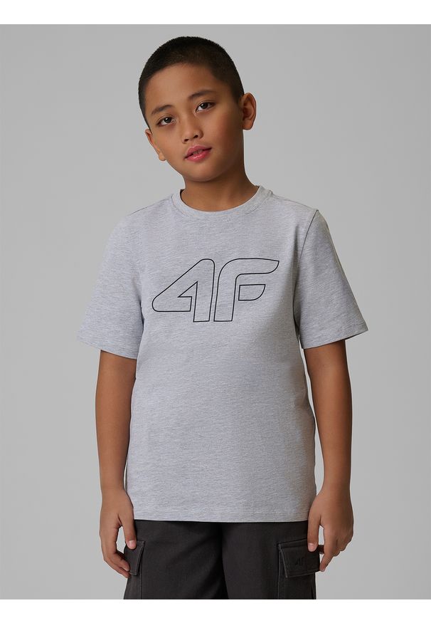 4f - 4F T-shirt regular z nadrukiem chłopięcy - szary 146 (10-11 lat). Okazja: na co dzień, na uczelnię. Kolor: szary. Materiał: bawełna, skóra, materiał. Wzór: nadruk. Sezon: lato. Styl: casual, klasyczny