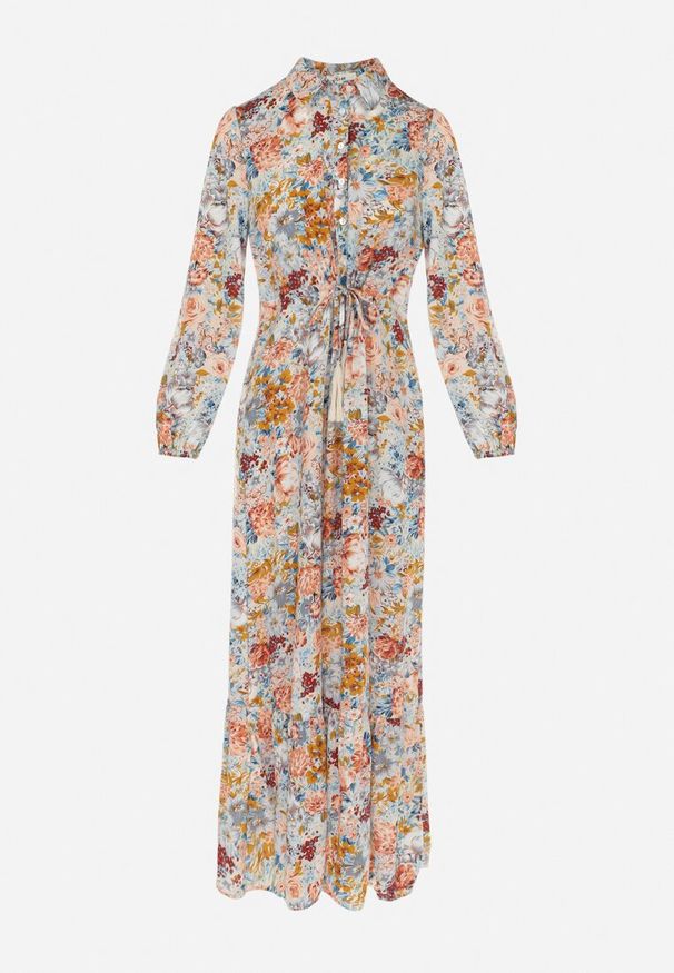 Born2be - Jasnoniebieska Rozkloszowana Sukienka w Kwiaty z Falbanką Remari. Kolor: niebieski. Wzór: kwiaty. Długość: maxi