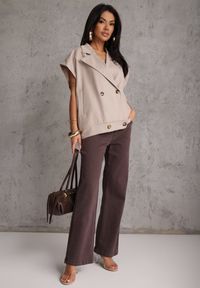 Renee - Beżowa Dwurzędowa Kamizelka Oversize o Garniturowym Kroju Edoriela. Kolor: beżowy. Materiał: poliester, koronka #3
