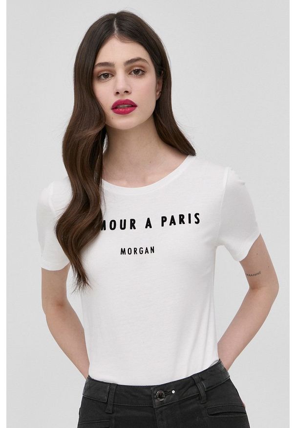 Morgan t-shirt damski kolor biały. Okazja: na co dzień. Kolor: biały. Materiał: bawełna. Wzór: nadruk. Styl: casual