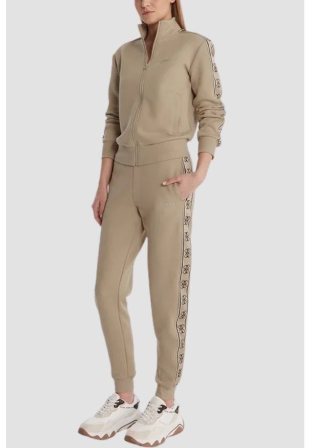 Guess - GUESS Beżowa damska bluza rozpinana z lampasami Britney, Rozmiar XS. Okazja: na co dzień. Kolor: beżowy. Styl: elegancki, casual, sportowy