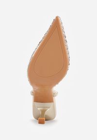 Renee - Złote Szpilki z Odkrytą Piętą i Transparentnym Noskiem z Cyrkoniami Kalinata. Okazja: na co dzień. Kolor: złoty. Materiał: jeans, koronka. Wzór: aplikacja. Obcas: na szpilce. Styl: casual, klasyczny, wizytowy #5