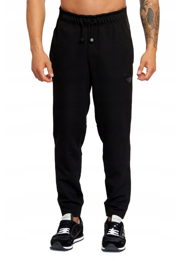 EA7 Emporio Armani - EA7 Męskie spodnie dresowe z lampasami, Rozmiar XL. Kolor: czarny. Materiał: dresówka, poliester. Wzór: aplikacja