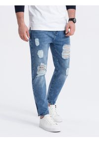 Ombre Clothing - Męskie spodnie jeansowe taper fit z dziurami - niebieskie V3. Kolor: niebieski. Materiał: jeans. Wzór: aplikacja. Styl: vintage, elegancki
