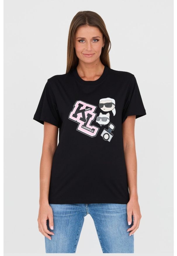 Karl Lagerfeld - KARL LAGERFELD Czarny t-shirt Ikonik Varsity Tee. Kolor: czarny. Materiał: bawełna