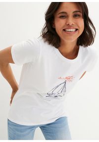 bonprix - T-shirt bawełniany z rozcięciem z boku i nadrukiem. Kolor: biały. Materiał: bawełna. Długość: długie. Wzór: nadruk #2