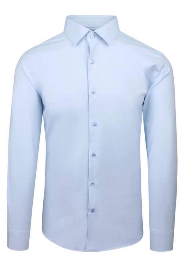 Elegancka Koszula Męska - Victorio - Błękitna. Okazja: na co dzień. Kolor: niebieski. Materiał: poliester, bawełna, elastan. Długość rękawa: długi rękaw. Długość: długie. Styl: elegancki