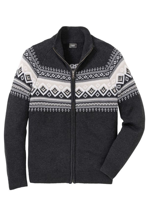 Sweter rozpinany w norweski wzór bonprix antracytowy melanż. Kolor: szary. Materiał: akryl, bawełna, materiał. Wzór: melanż