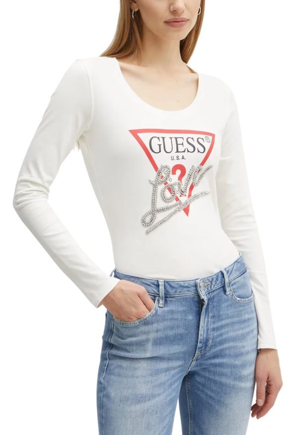 Guess - GUESS Biały damski longsleeve Love Tee. Kolor: biały. Długość rękawa: długi rękaw