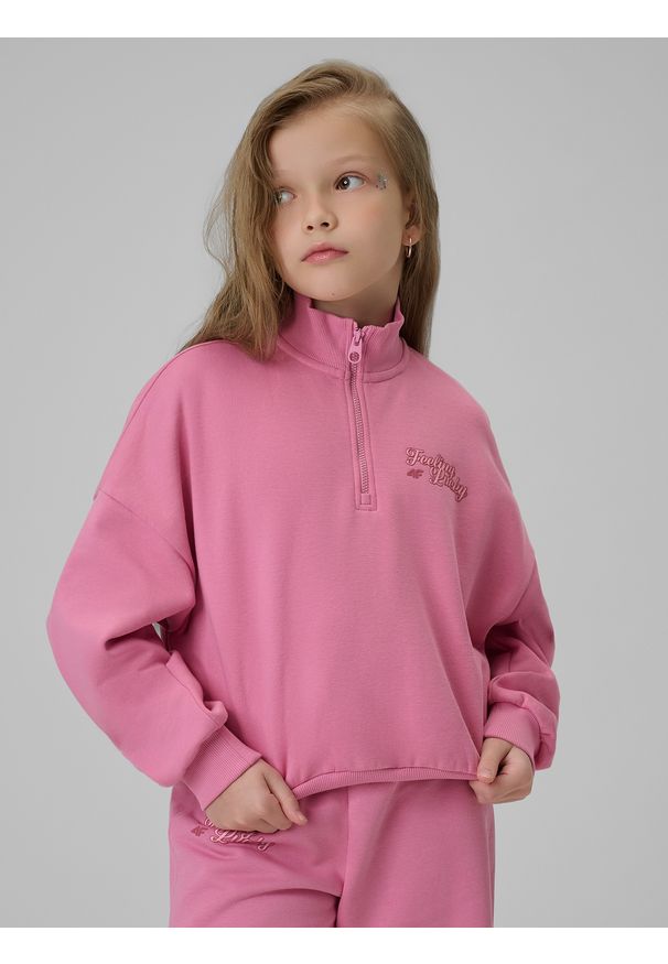 4f - 4F Bluza dresowa regular bez kaptura dziewczęca - różowa 152 (11-12 lat). Okazja: na co dzień. Typ kołnierza: bez kaptura. Kolor: różowy. Materiał: dresówka. Sezon: lato. Styl: klasyczny, casual
