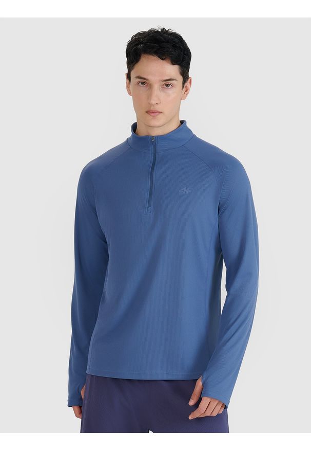 4f - 4F Longsleeve do biegania w terenie szybkoschnący męski - granatowy S. Typ kołnierza: kołnierzyk stójkowy. Kolor: niebieski. Materiał: dzianina, włókno, materiał, syntetyk. Długość rękawa: długi rękaw. Długość: długie